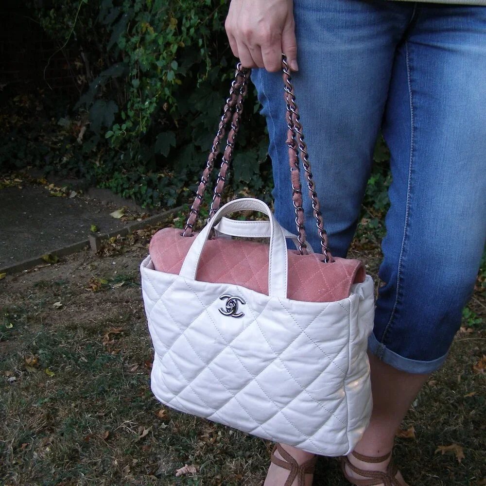 💖 CHANEL Portobello White Quilted Leather & Pink Suede Tote/Shoulder Bag
